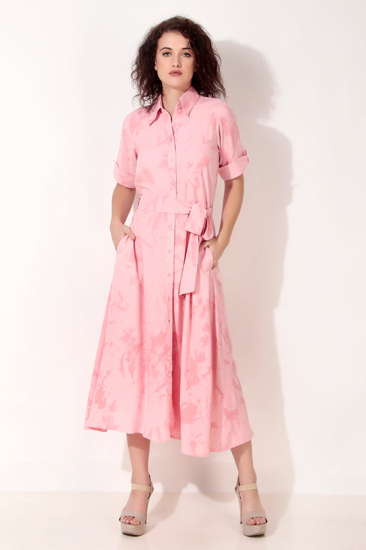 Pink Cloud Printed Button Down Shirt Dress