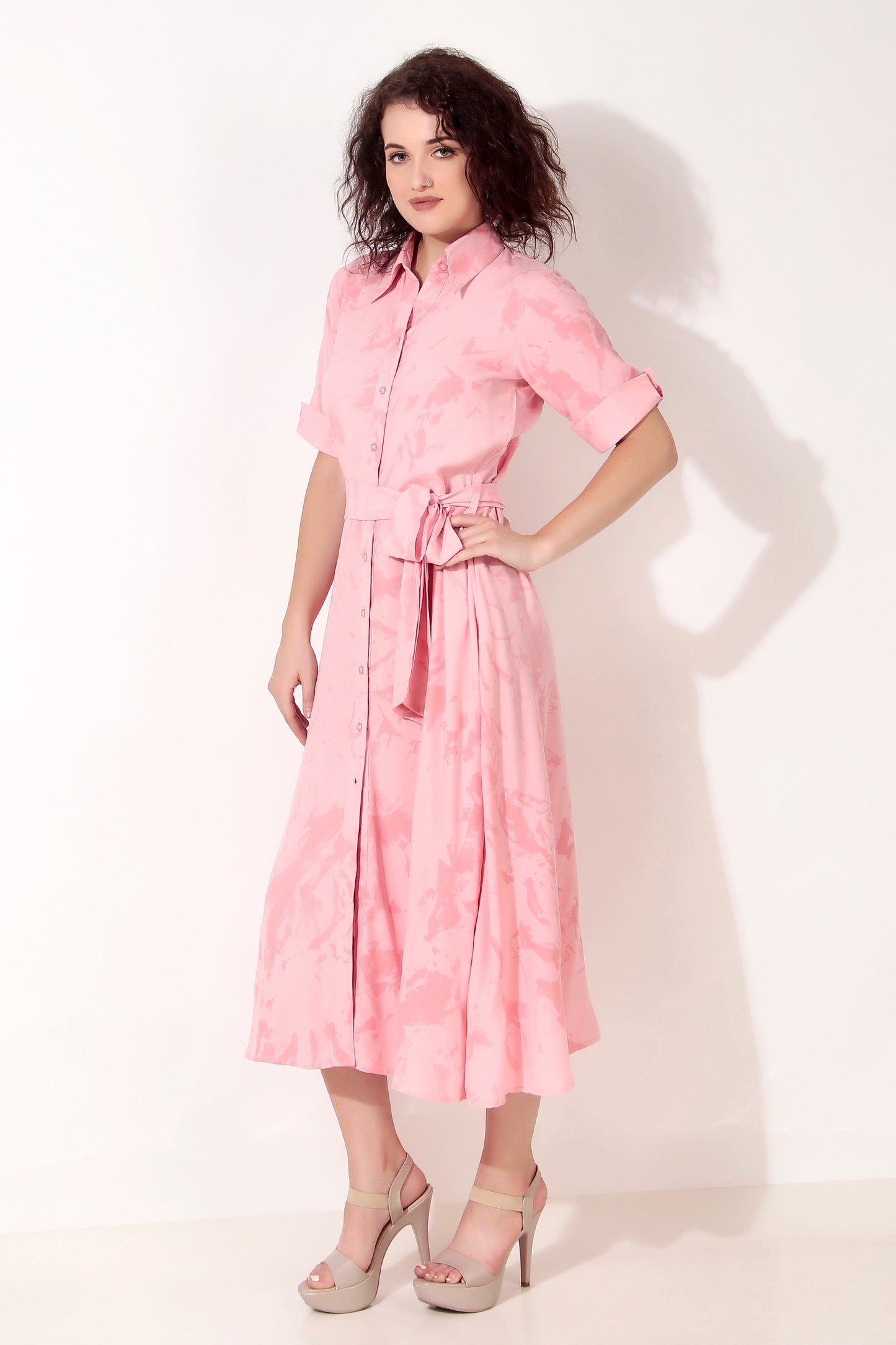 Pink Cloud Printed Button Down Shirt Dress