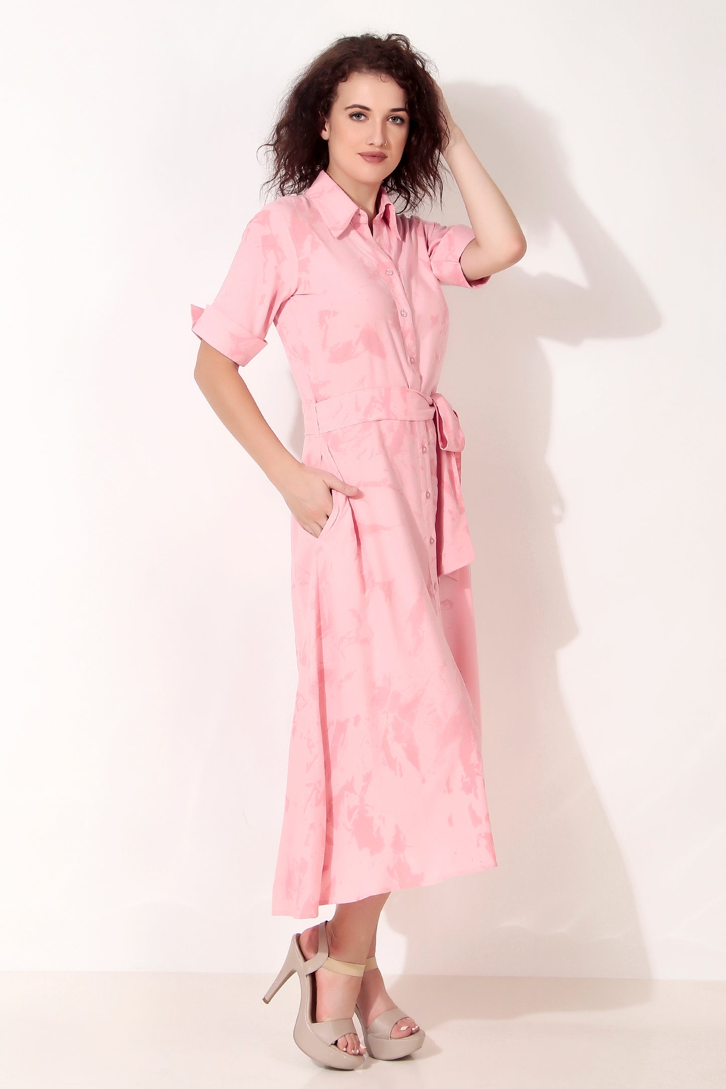 Pink Cloud Printed Button Down Shirt Dress